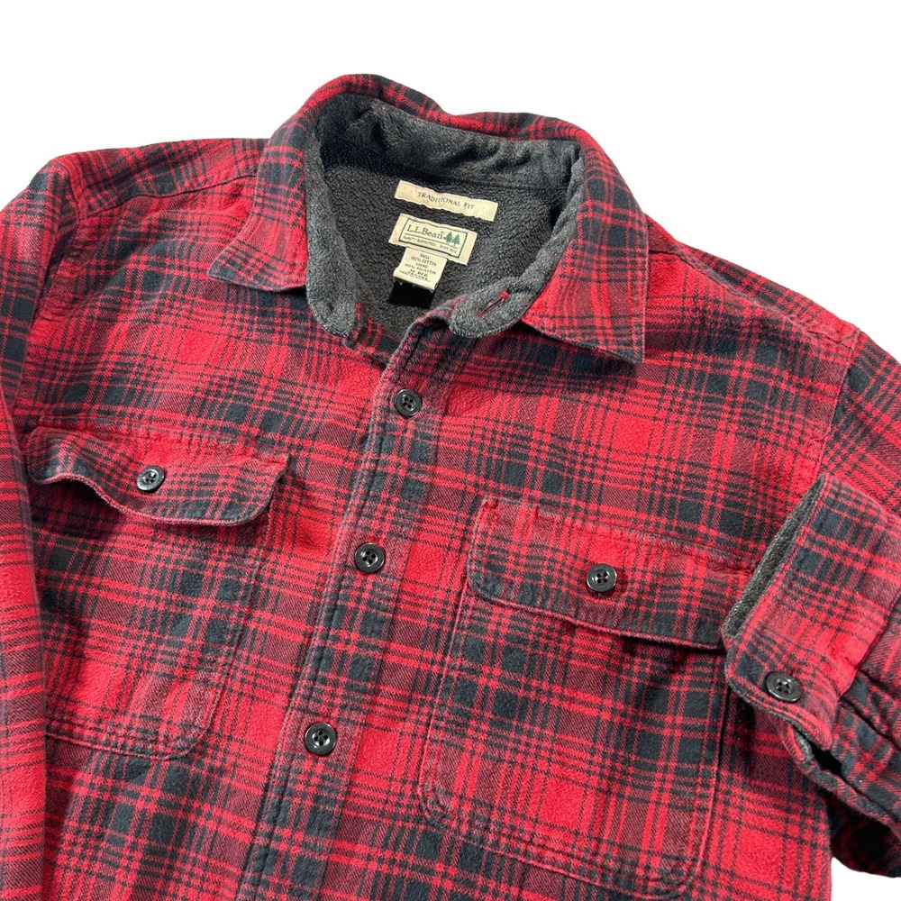 LL Bean Shirt Jacket Mens M Red Black Plaid Fleece Lined Traditional Fit 250393
